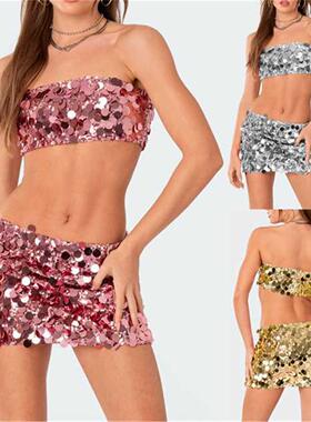 deep V backless sequined tank top sexy slim fit dress2023春