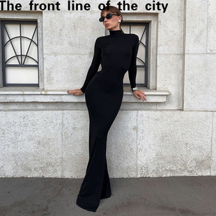 sexy hip 纯色半高领长袖 slim 个 新款 fit dress秋季 Lace hugging