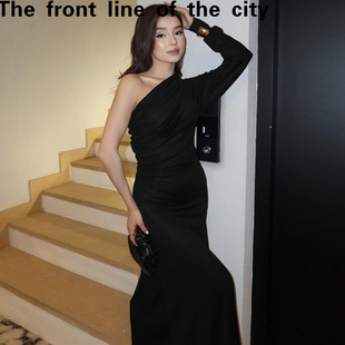 sexy hip hugging Lace 时尚 fit dress秋季 气质不规则露肩单 slim