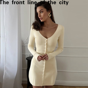 dress秋季 fit 长袖 纯色基础款 新款 hugging hip sexy slim Lace