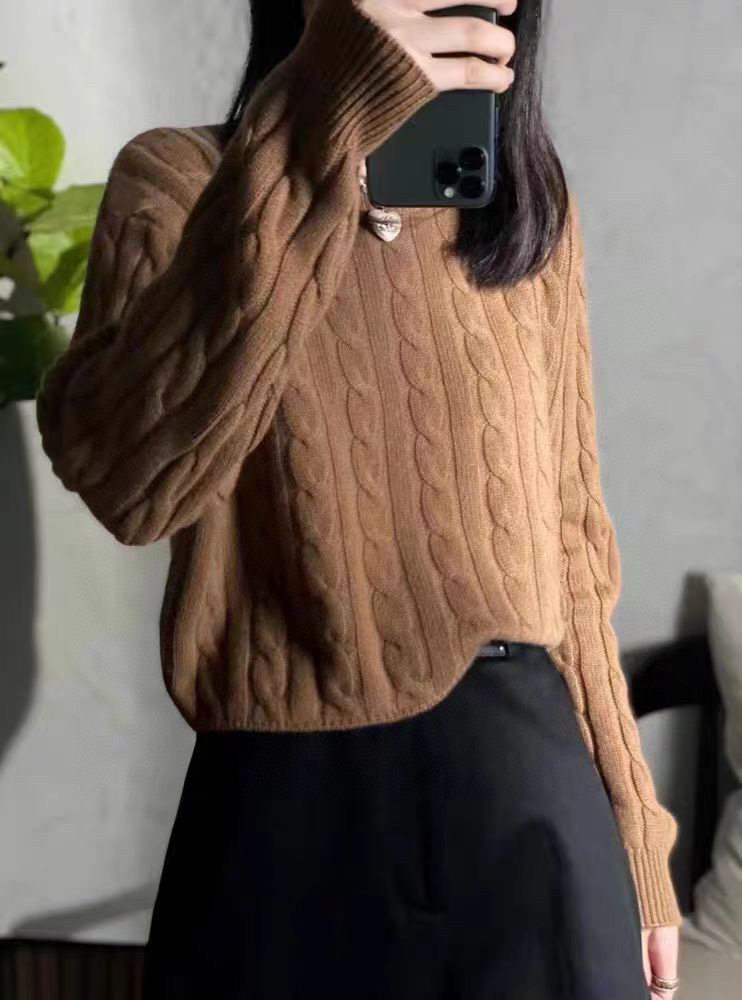 软糯100%纯羊毛衫女圆领套头麻花毛衣纯色螺纹保暖针织上衣秋冬季