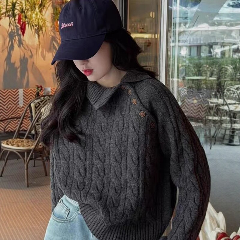 韩系慵懒风斜扣高领麻花毛衣女针织秋冬新款宽松显瘦百搭羊绒打底