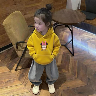 女童卫衣套装秋冬季新款卡通印花加绒宽松绒衫宝宝百搭洋气长裤潮