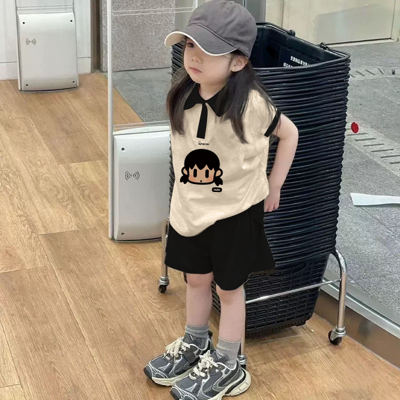 女童无袖套装夏季新款卡通印花翻领上衣宝宝休闲洋气薄款五分裤潮
