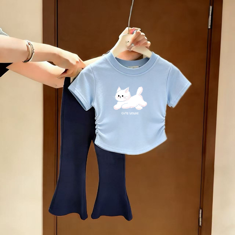 女童短袖套装夏季新款卡通圆领洋气褶皱上衣宝宝休闲薄款喇叭裤潮