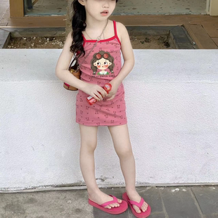 女童连衣裙夏季 背心裙潮 拼色卡通印花吊带裙宝宝洋气薄款 螺纹无袖