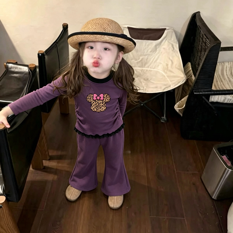 女童长袖套装春秋季新款卡通印花褶皱薄款拼色上衣宝宝休闲喇叭裤