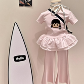 套装 洋气喇叭长裤 夏季 卡通印花圆领t恤宝宝休闲薄款 新款 女童短袖