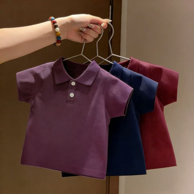 儿童短袖上衣夏季新款纯色POLO领薄款半袖衫男女童宝宝宽松打底衫图片