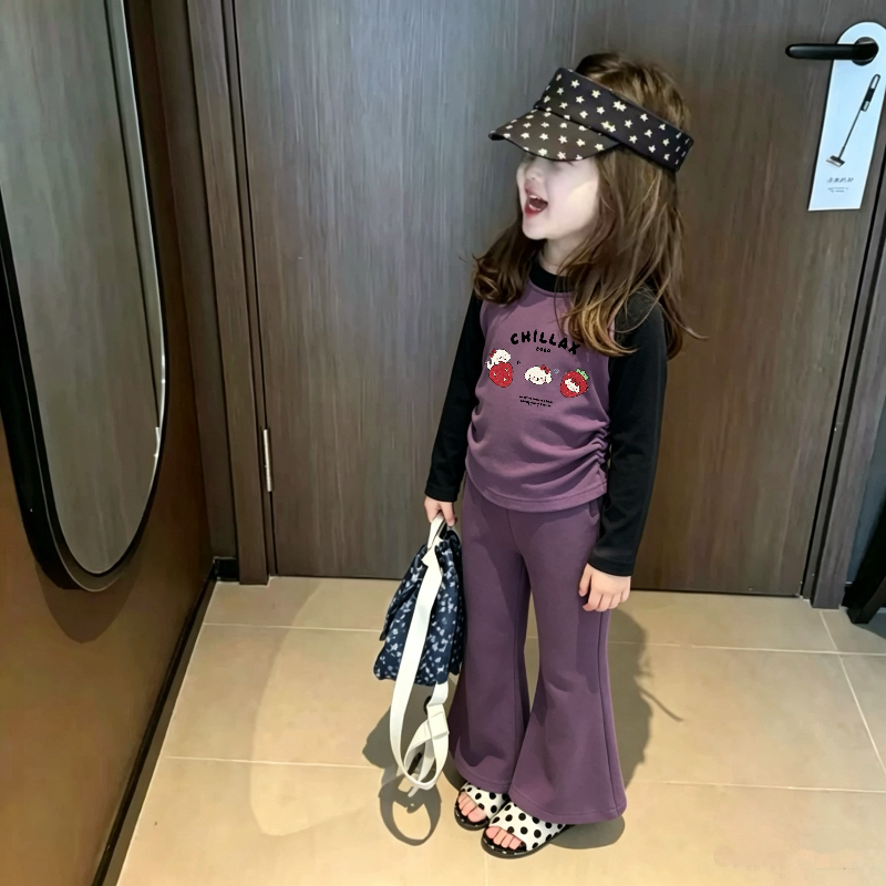 女童长袖套装春秋季新款插肩印花圆领褶皱上衣宝宝百搭休闲喇叭裤