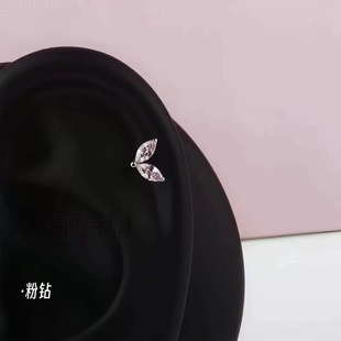 F136钛合金镶钻两叶草耳钉M0.9内螺旋甜美耳骨耳垂钉日韩风
