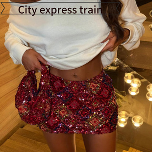 embroidered sequined dres年亮片半身裙显 neck sexy Women