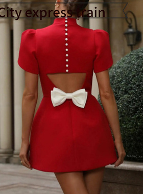 Women's Strapless Bodycon Sexy Bow Dress 半高领短袖红色连衣