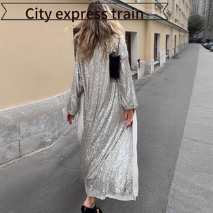 embroidered Women sequined sexy dres年宽松外套开衫 neck