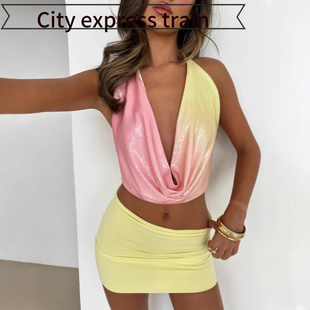 embroidered 性感深露 Women sequined sexy dres年新品 neck