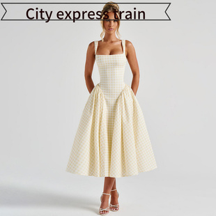 sexy slit dress Strapless women法式 fit for 清新格子印花 slim