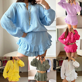 set for 2025套装 piece 女士V领纽扣 home nightgown Two women