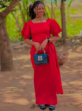 Deep V-neck sleeveless sexy slim fit dress秋季红色方领泡泡袖