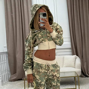 Printed Loose Gray Hooded Sweatshirt Top新品服装印花开衫长袖