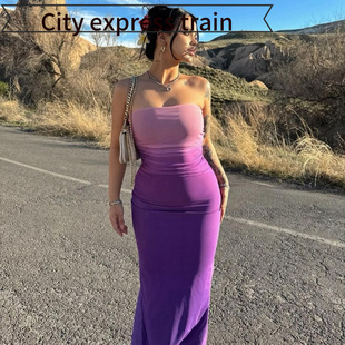 fit Sexy slim pleated dress风裹胸辣妹渐变色连衣裙双层 hollow