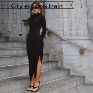 slim pleated fit dress秋冬纯色气质半高领长袖 Sexy 修身 hollow