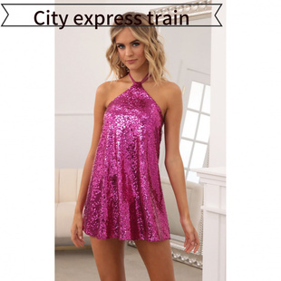 embroidered sequined dres性感吊带亮片蝴 neck sexy Women