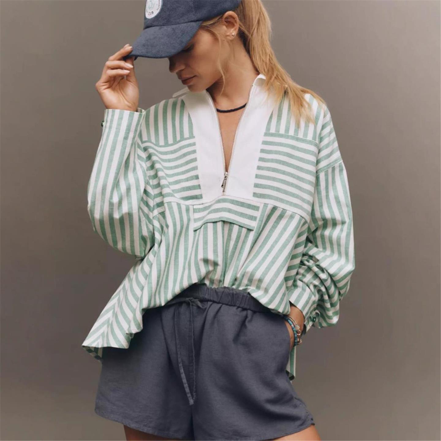 Seaside Beach Vacation Split Sex Dress25秋季女装条纹拼接拉链