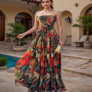 Beach Dress印花连衣裙打揽裹胸修身 Vacation Sex Split Seaside