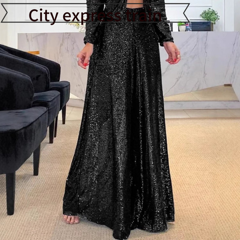 Casual pants suit sexy printed dress纯色阔腿裤女高腰直筒裤子