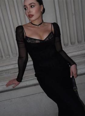 Satin sexy slim fit long dress2023年跨境气质黑色含鱼骨吊带长