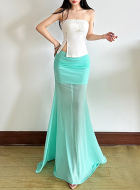 Printed versatile slim long dress2024新品黑色性感一字肩抹胸