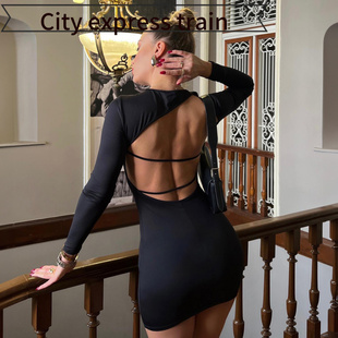 hollow dress风纯色圆领露背修身 pleated fit 包臀连衣 slim Sexy