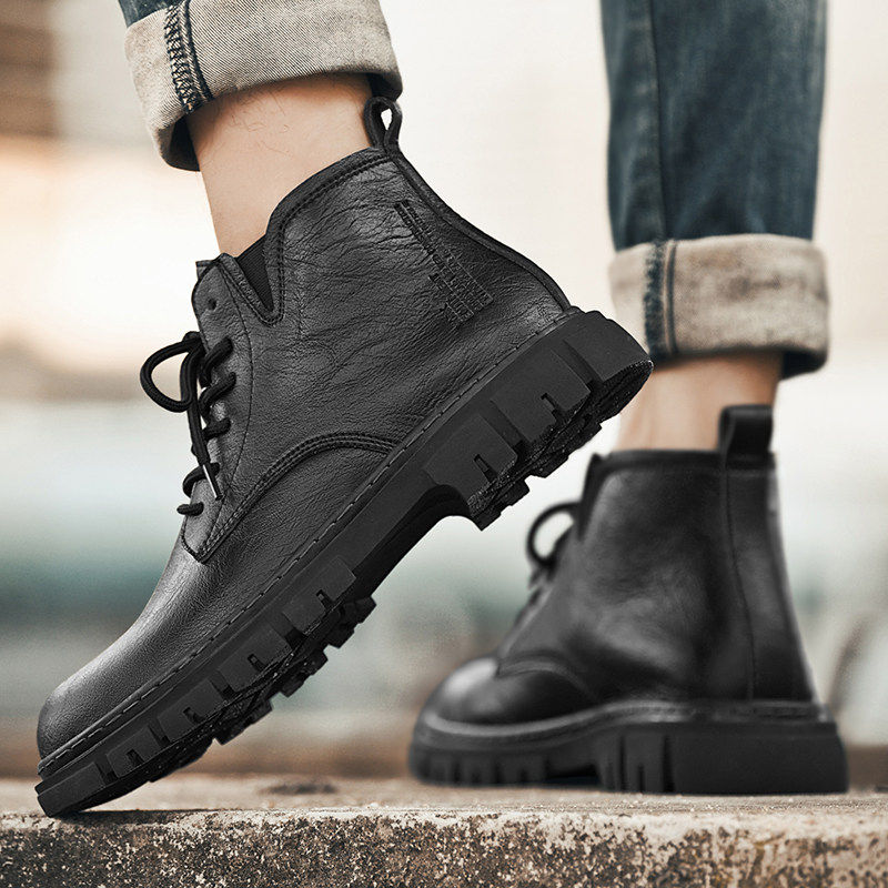 【商场同款】马丁靴男低帮6孔春秋真皮英伦风欧洲站厚底增高黑色