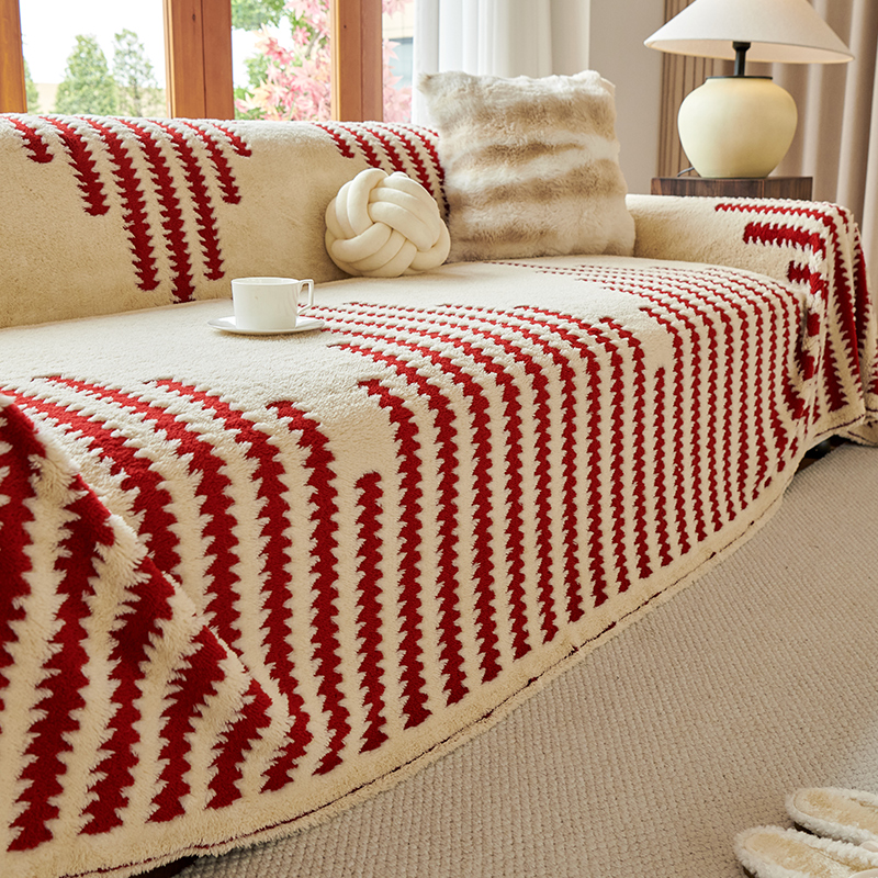 高级感喜庆红色毛绒沙发盖布