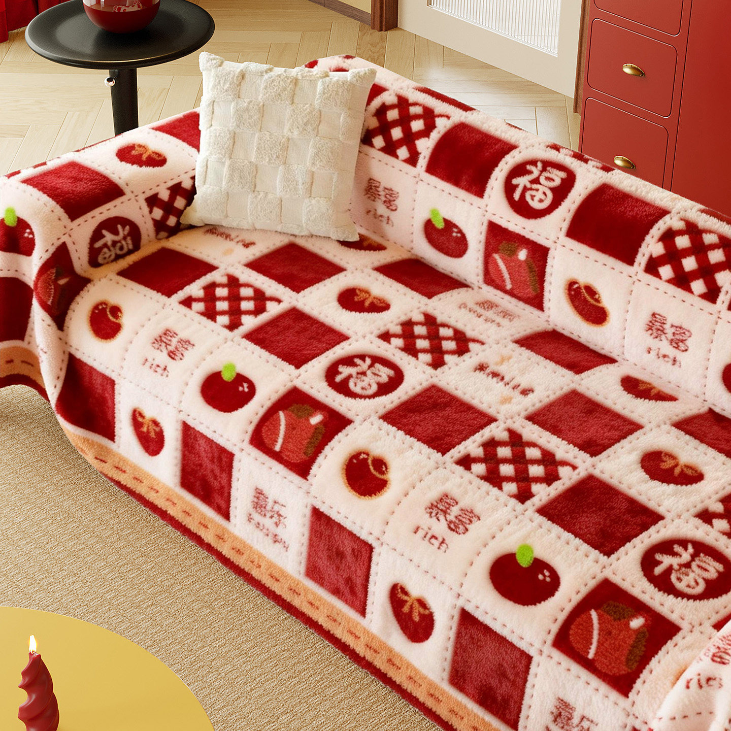 2026新款过年沙发盖布宝宝绒喜庆风新年防滑冬季坐垫沙发巾一整张