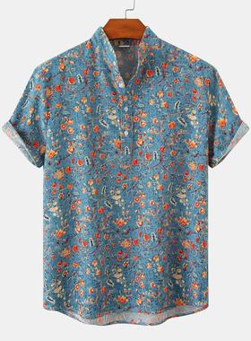 Hawaiian Shirt Men Half Placket Collar Beach Shirt Vacation