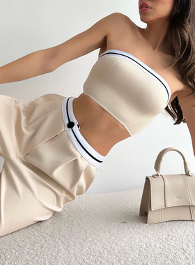 Outfitgirl气质辣妹休闲撞色抹胸背心高腰阔腿显瘦显高长裤套装女