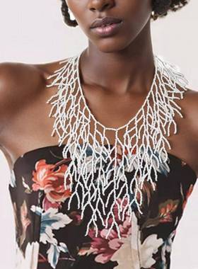 流苏珊瑚树杈造型项链手工米珠毛衣链夸张项链饰品necklace