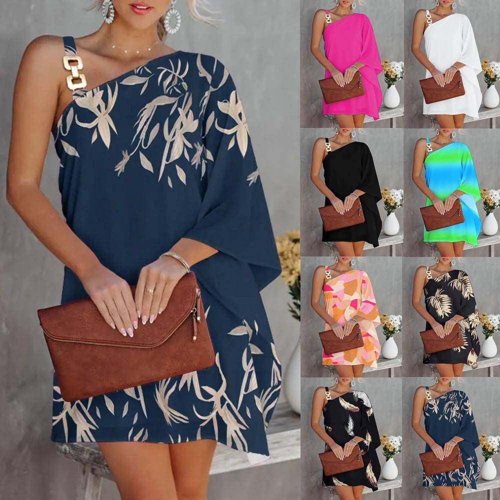 2022亚马逊爆款夏季不规则蝙蝠袖露肩金属吊带宽松短款印花洋装