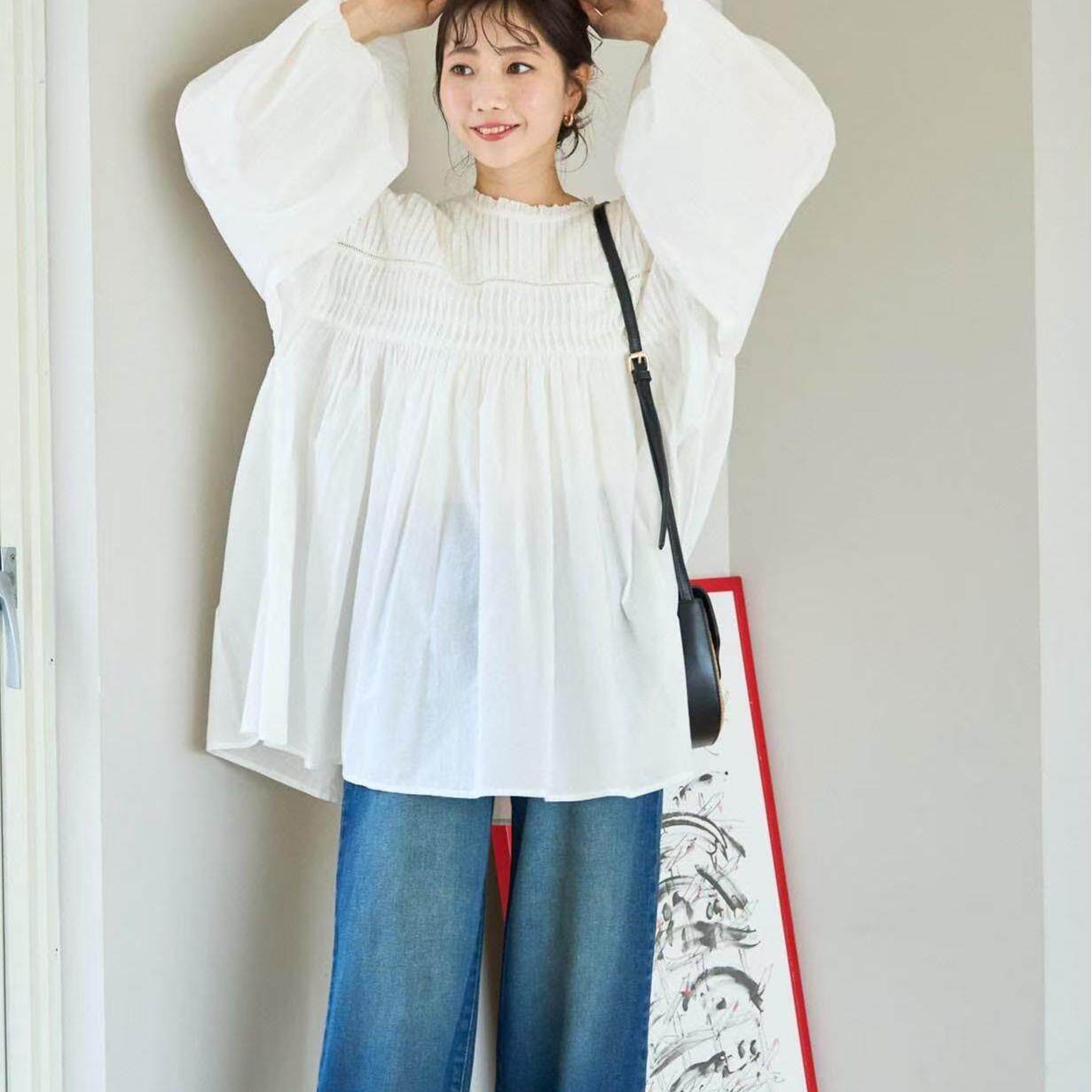 跨境外贸出口日系森女学院风娃娃衫春上纯棉褶皱长袖衬衫宽松大码