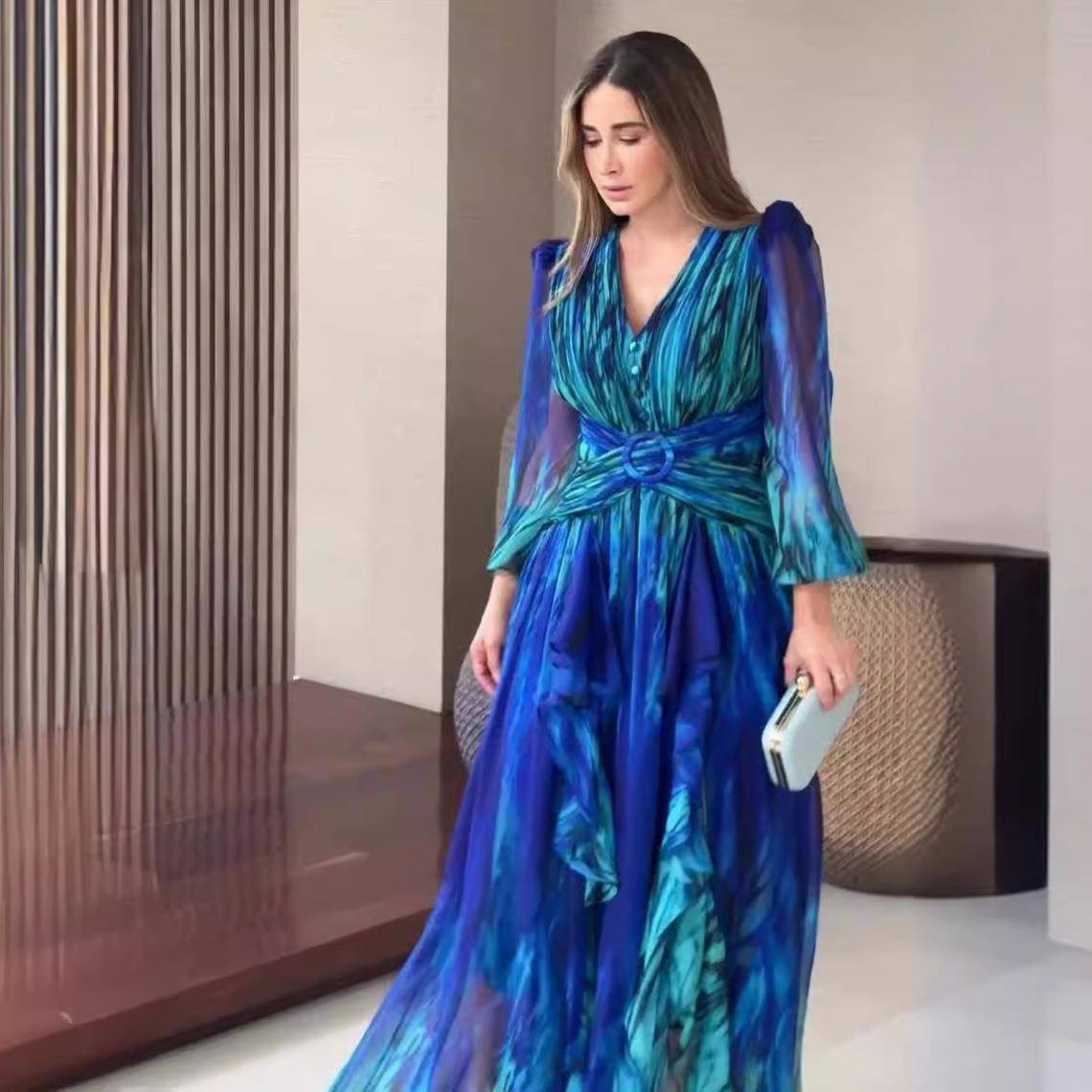 欧美法式复古时尚雪纺长袖气质优雅连衣裙Chiffon elegant dress