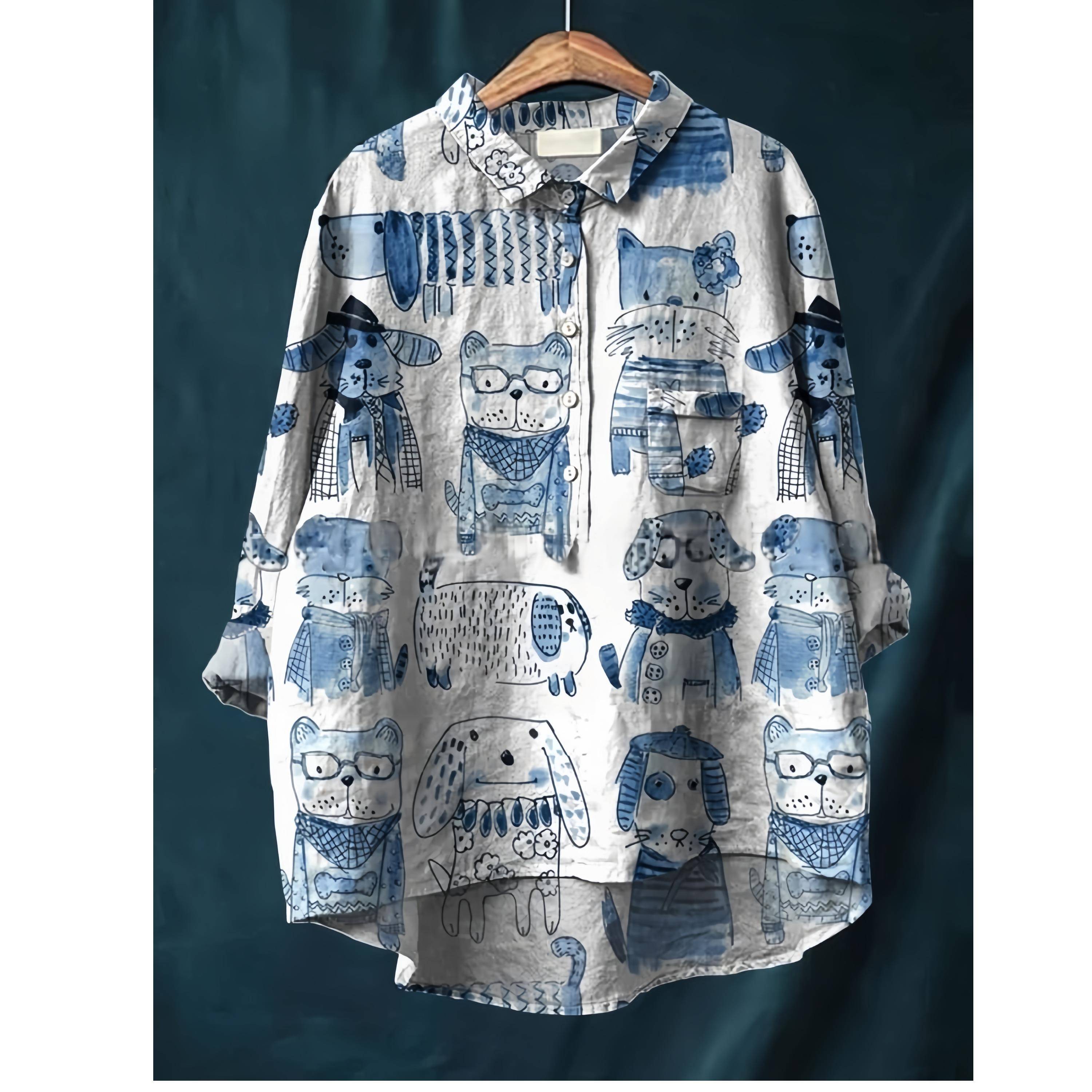 外贸女装2025秋季新款印花长袖跨境女士长袖衬衫棉麻大码上衣