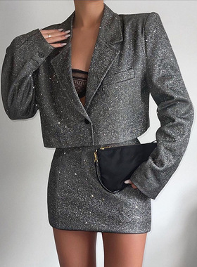 翻领长袖高腰短裙套装 Lapel Long Sleeve High Waist Skirt Set