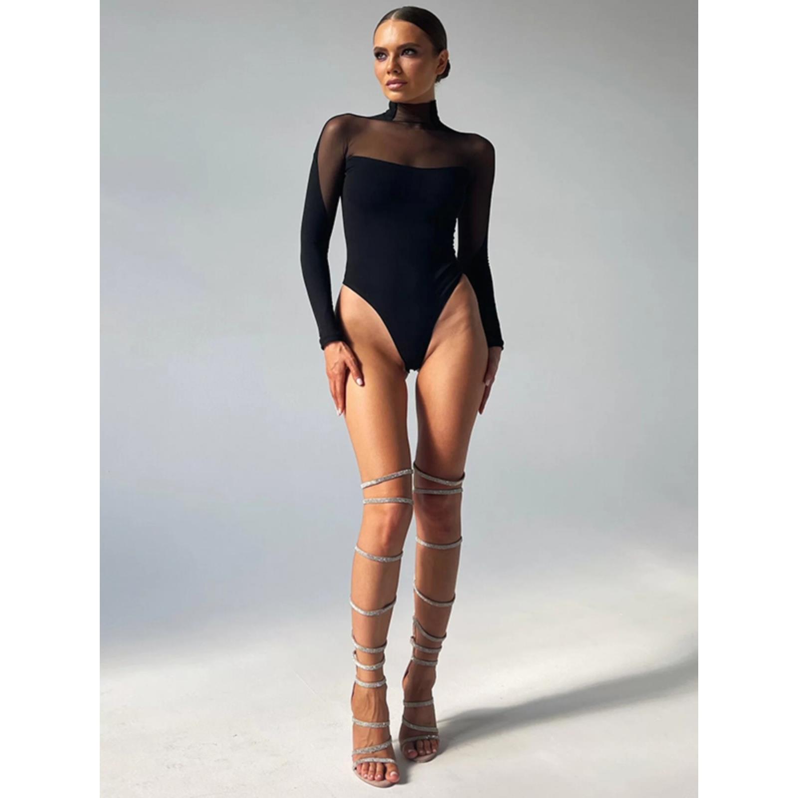 欧美性感辣妹纯欲透视网纱拼接设计连体衣时尚经典百搭修身型上衣