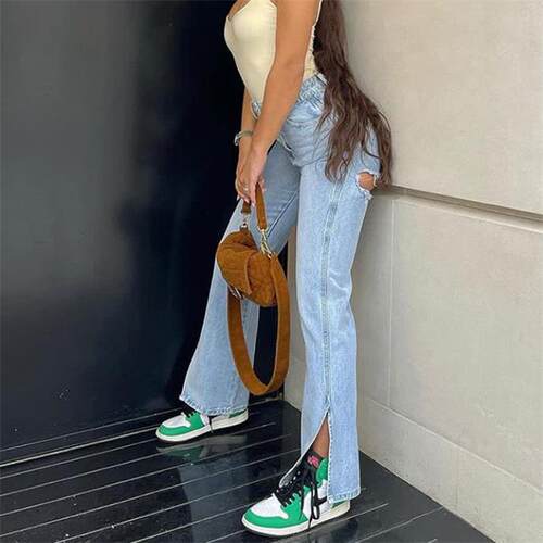 欧美高腰破洞开叉牛仔裤长裤女 Ripped Denim Pants Jeans Women