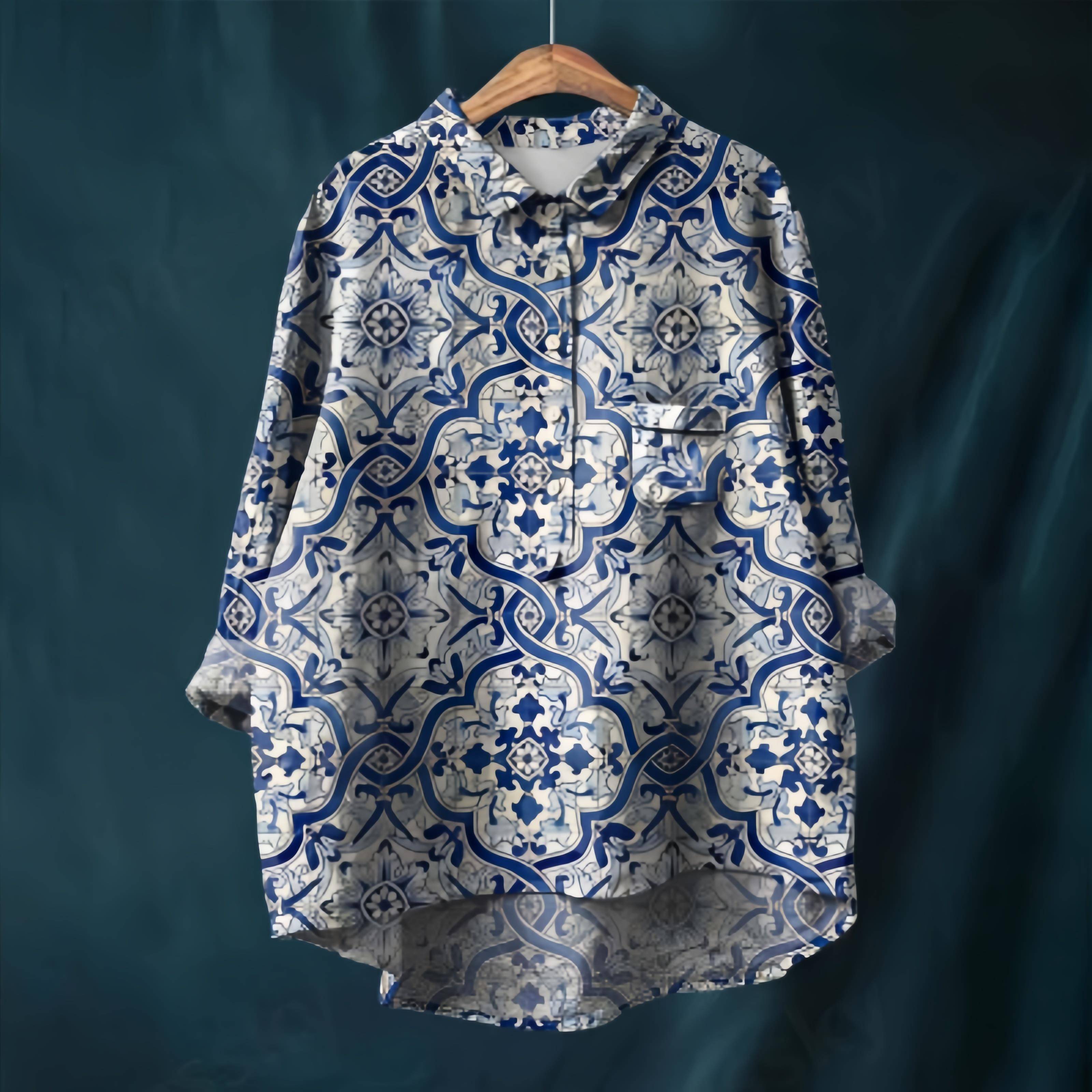 日系外贸新款休闲印花夏威夷长袖跨境女士长袖衬衫棉麻大码上衣