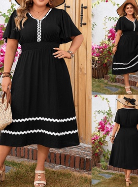 Plus size summer women dresses lady Lotus leaf sleeve dress