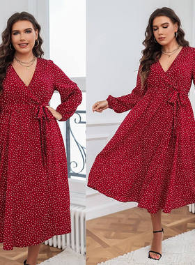 Plus size women Polka dot long sleeve V-neck party red dress