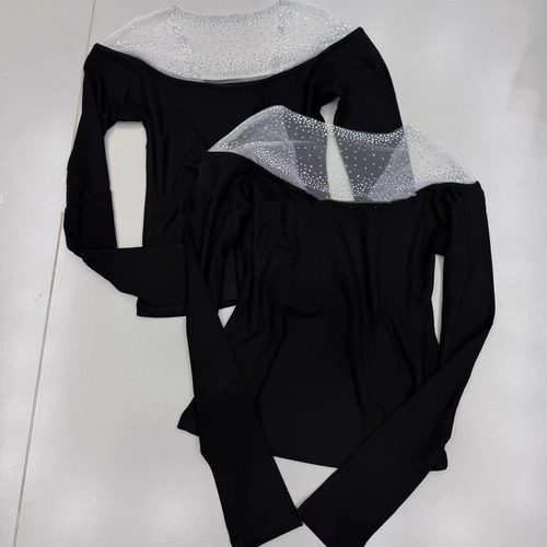 重工满天星烫钻圆领长袖黑色上衣