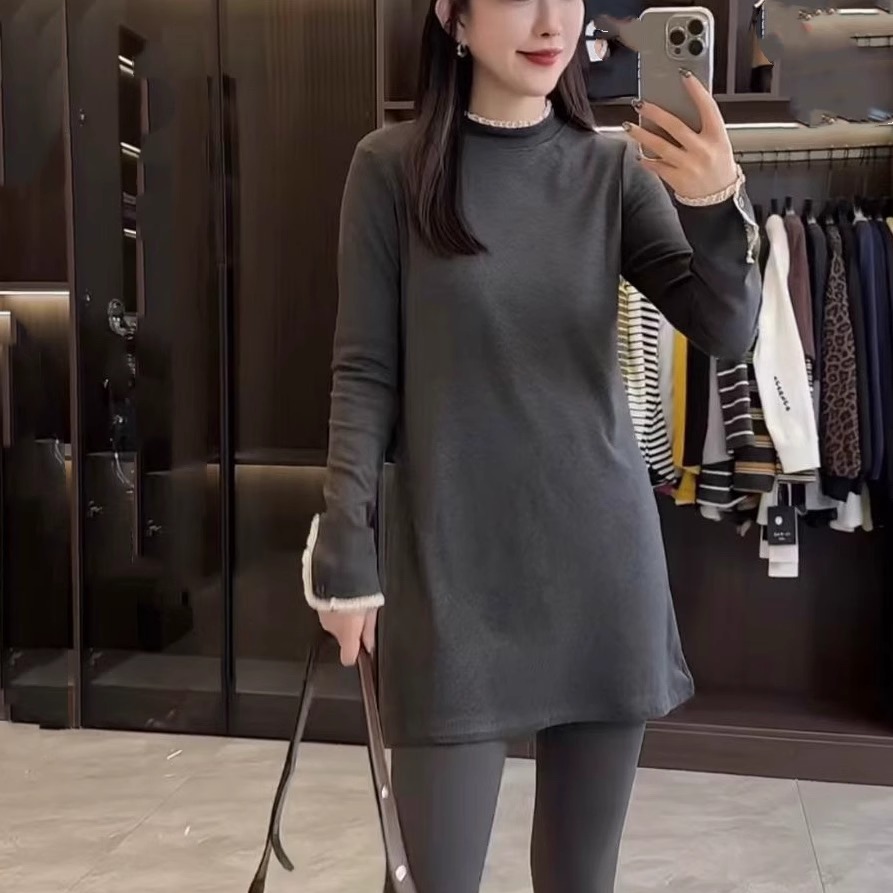 韩系简约百搭拼接花边中长款上衣